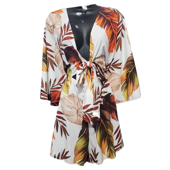 SHEIN Tropical Leaf Print Casual V-Neck Loose Fit Print Komono Style Romper 2XL - Picture 5 of 6